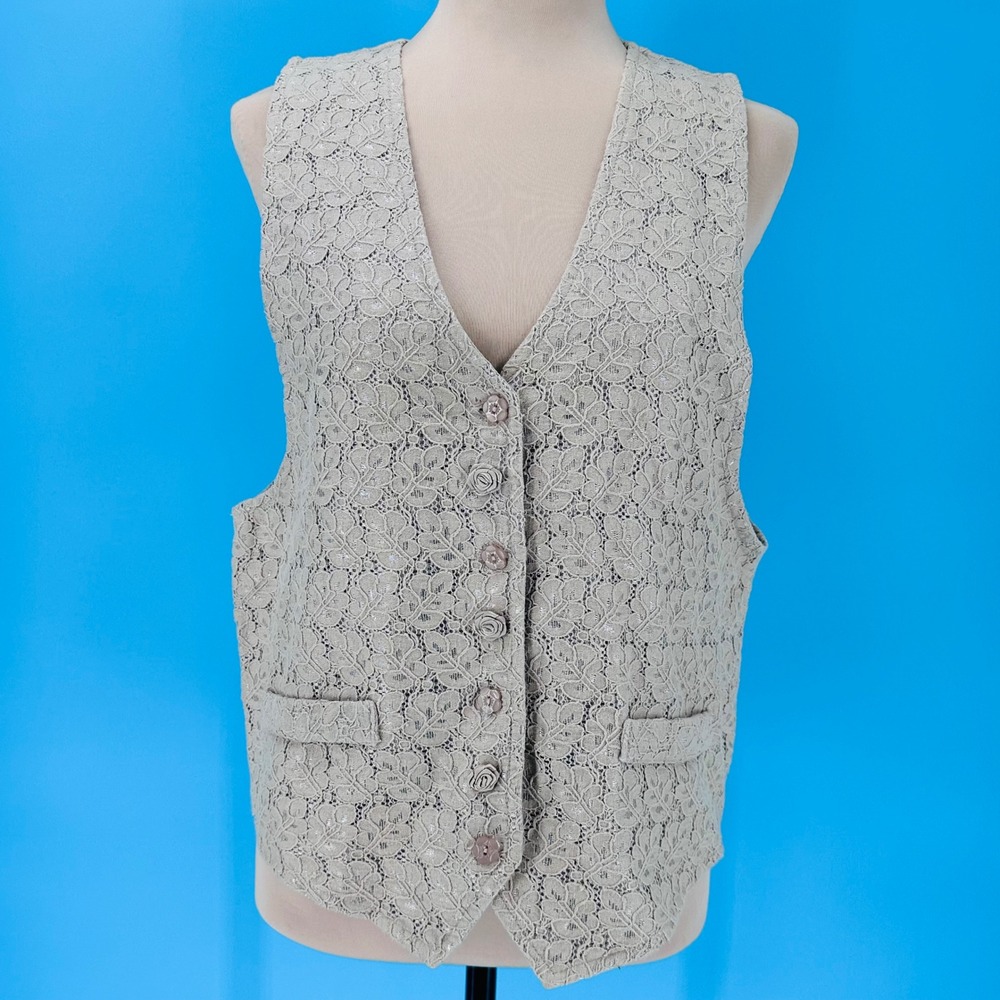 VTG Pierre Cardin Womens Floral Lace Vest Taupe Beige Linen Blend Lined Size L
